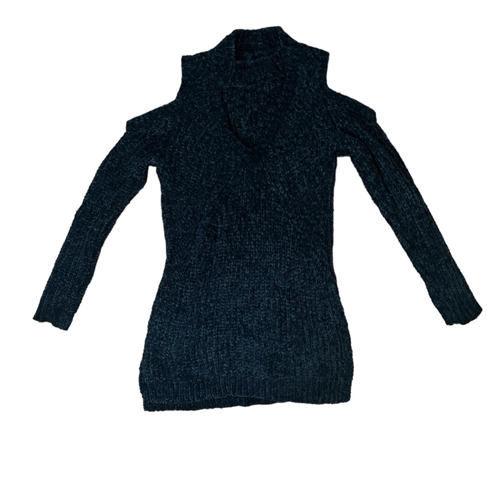 Chenille black cold shoulder high neck cut out super soft sweater M